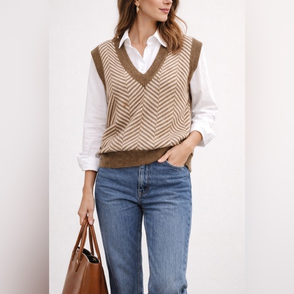 debut Sweaters - Debut Tan Cream Striped Sweater Vest Academia Fall Capsule Layering Medium